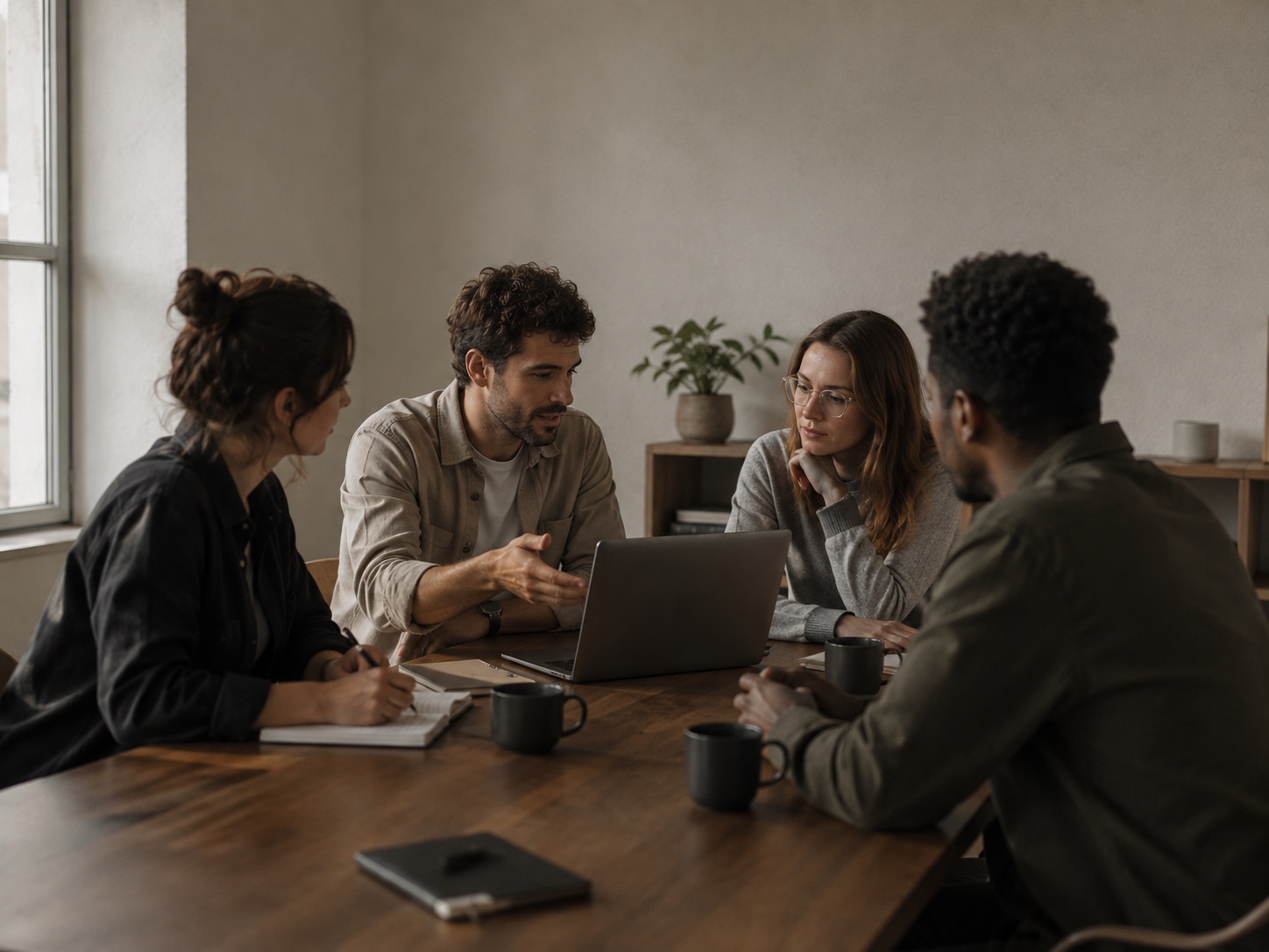 Four colleagues around a table, one showing something on a laptop