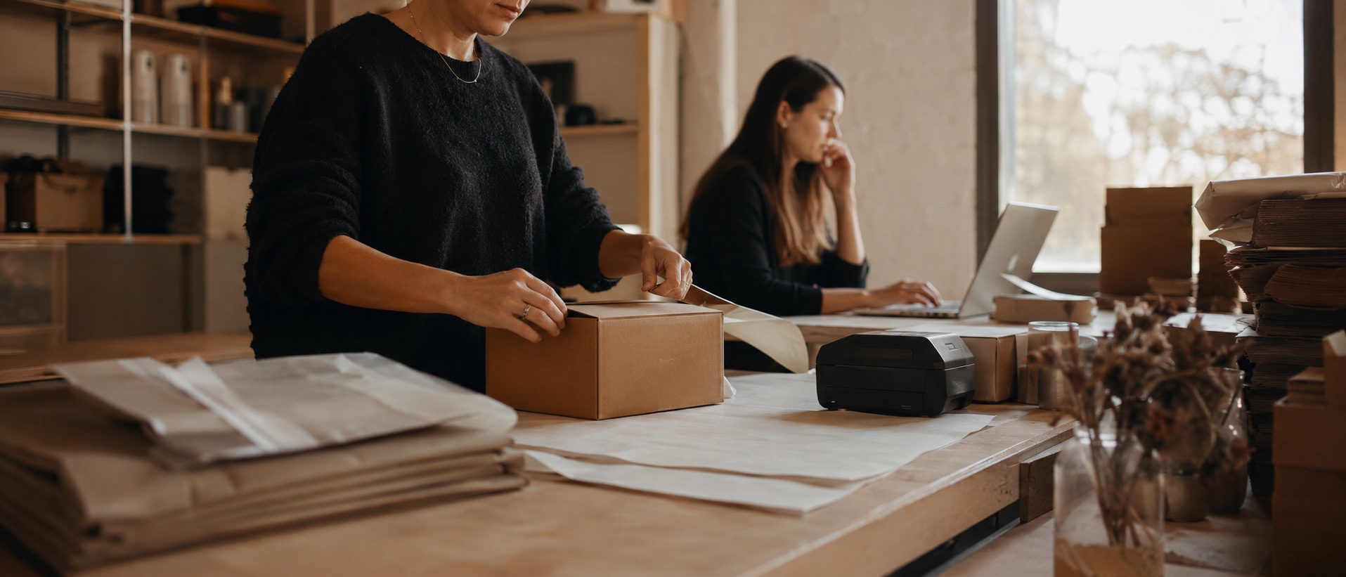 Two people in a small brand's packing room, one sealing a parcel at a table of tissue paper and boxes while the other checks an order on a laptop