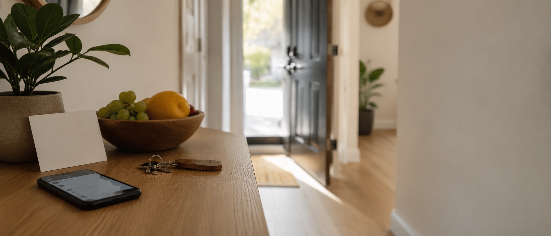 The entry hall of a bright rental apartment, with a welcome card, a bowl of fruit, keys and a phone on a wooden table and the front door open to morning light