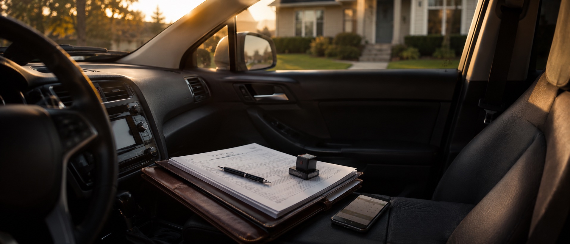 A mobile notary's car parked outside a house at golden hour, a leather folio of signed documents, a stamp, a pen and a phone on the passenger seat