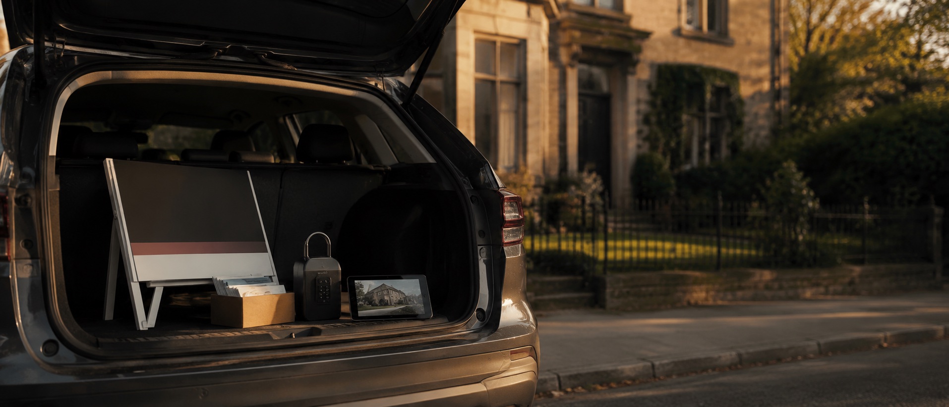 A real estate agent's open car boot at the kerb outside a listed house at golden hour, with a folded for-sale sign, flyers, a lockbox and a tablet inside