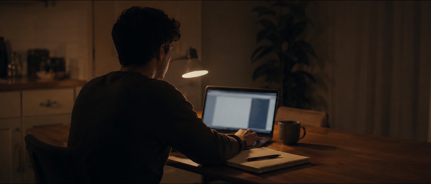 A student working through an online course at a kitchen table at night