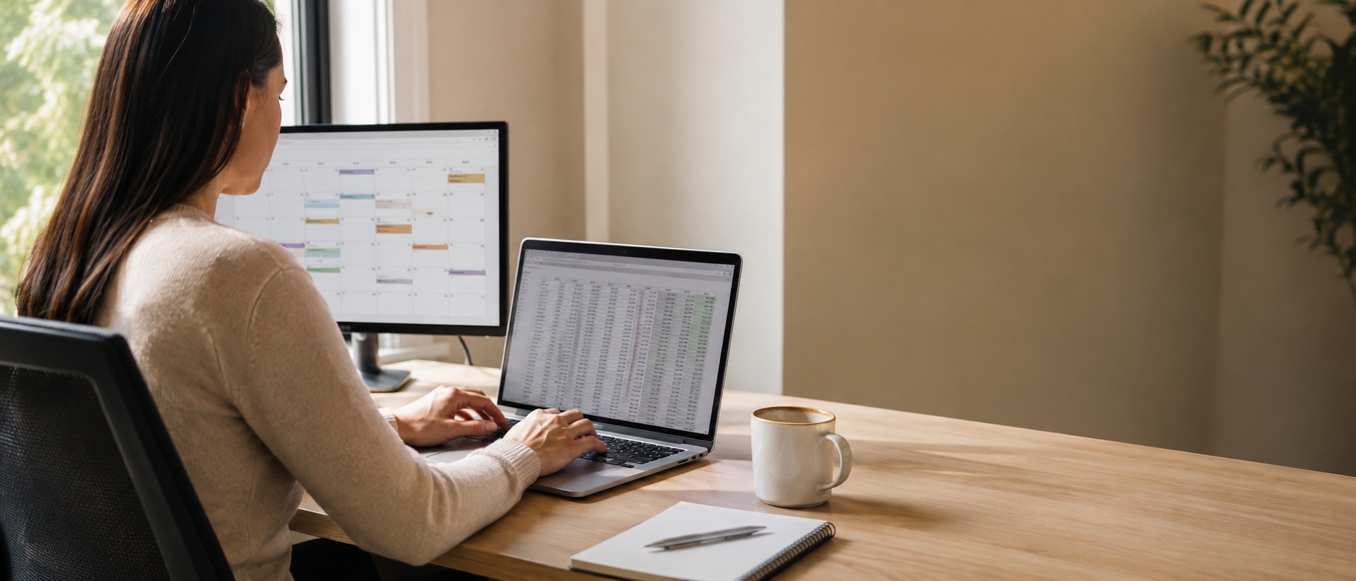 A virtual assistant at a desk working through a spreadsheet on a laptop, with a calendar on a second screen