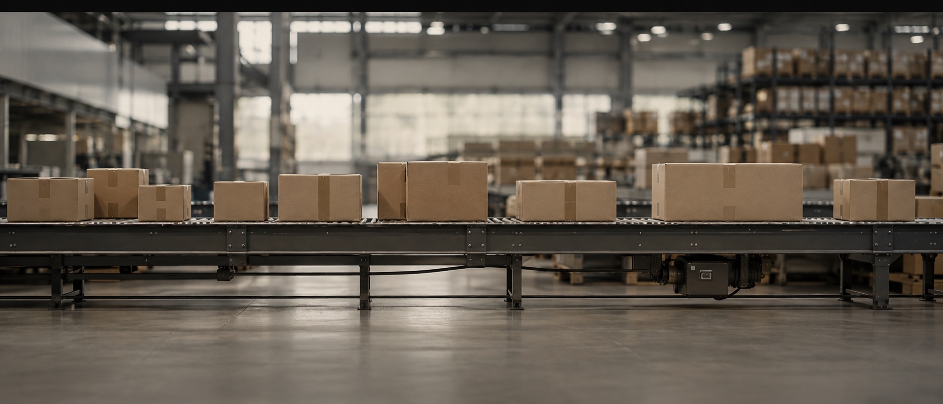 Cardboard parcels moving along a sorting conveyor in a fulfilment warehouse