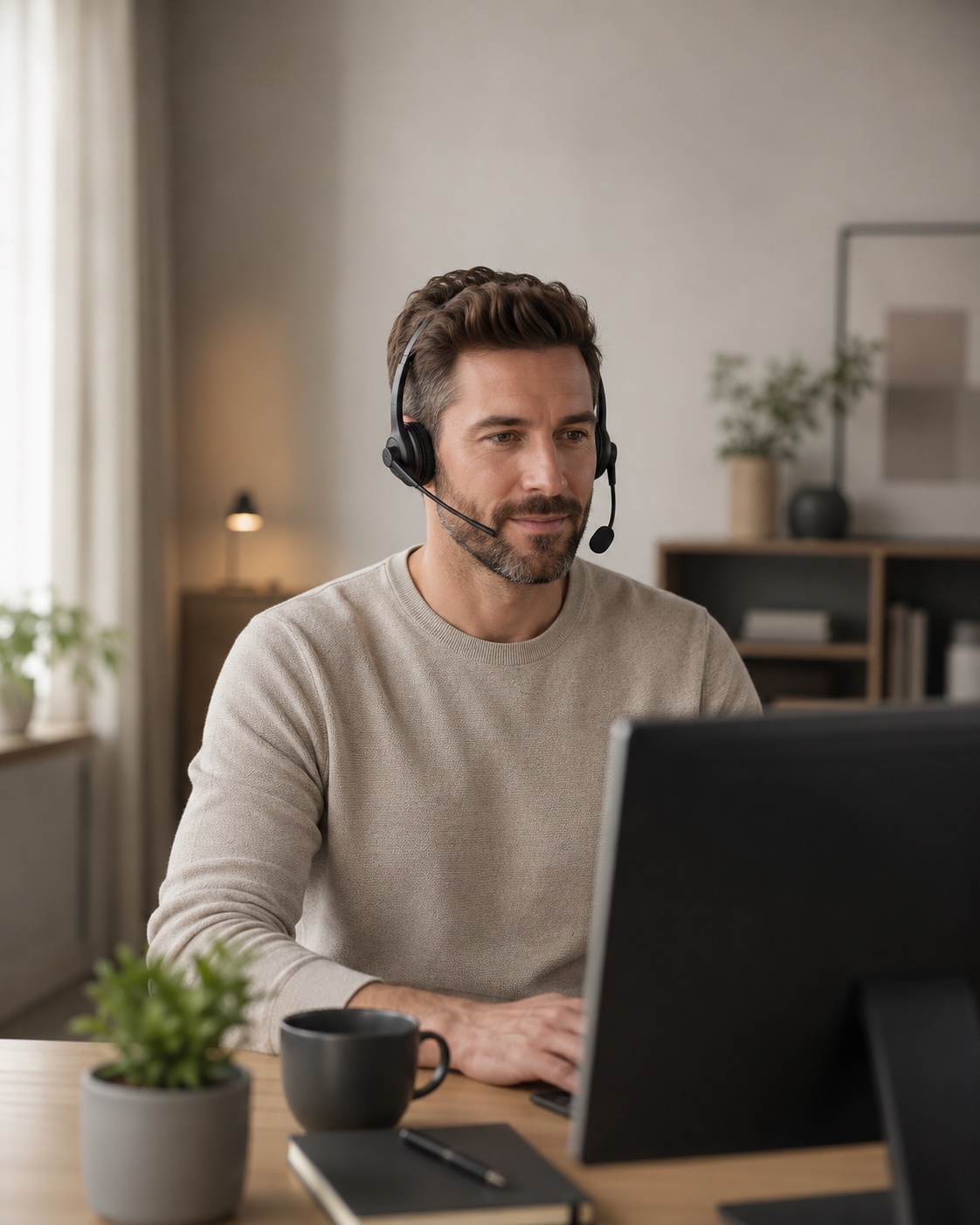A support specialist at a desk working through a customer queue